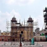 Labourers renovation work at historical Mosque Masjid Wazir Khan at Walled. The Wazir Khan Mosque is 17th century. The mosque was commissioned during the reign of the Mughal Emperor Shah Jahan as part of an ensemble of buildings that also included the nearby Shahi Hammam baths. Construction of Wazir Khan Mosque began in 1634 C.E., and was completed in 1641