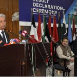 Federal Minister for Education and Professional Training Rana Tanveer Hussain addressing during the Result Declaration ceremony SSC Part I&II 1st Annual Exam 2023 at FBISE