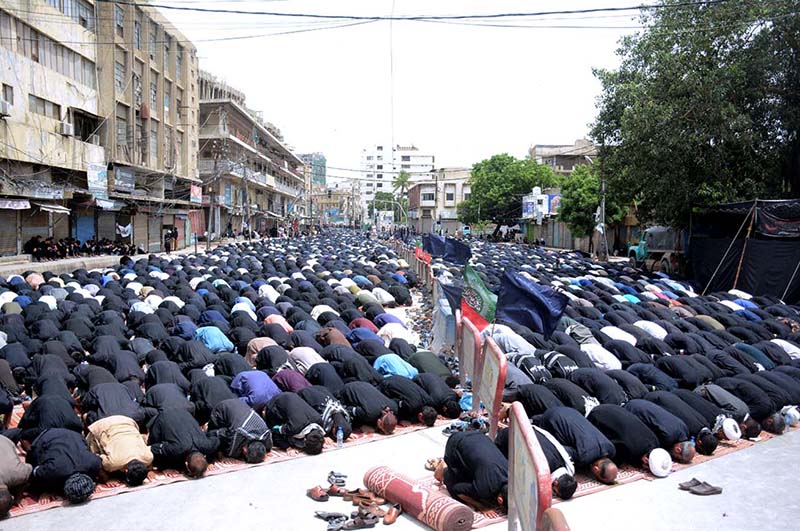 A large number of mourners attend the 10th Muharram procession to mark Ashoura at Empress Market Sadar. Ashoura is the commemoration marking the Shahadat (death) of Hussein (AS), the grandson of the Prophet Muhammad (PBUH), with his family members during the battle of Karbala for the upright of Islam