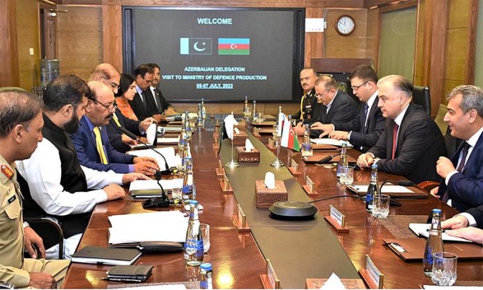 Advisor to President of Azerbaijan, Khalid Ahadov, along with delegation in a meeting with Federal Minister for Defence Production, Muhammad Israr Tareen and officials of MoDP