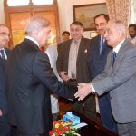Prime Minister Shehbaz Sharif interacts with the members of the Chamber Of Commerce delegation at Governor House