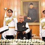 President Dr. Arif Alvi administering the oath of the office to Catain (r) Shahid Ashraf Tarar as the Chairman of the Federal Public Service Commission during an oath-taking ceremony at Aiwan-e-Sadr