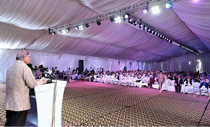 Prime Minister Muhammad Shehbaz Sharif addresses the ground breaking and inauguration ceremony of various infrastructure development projects