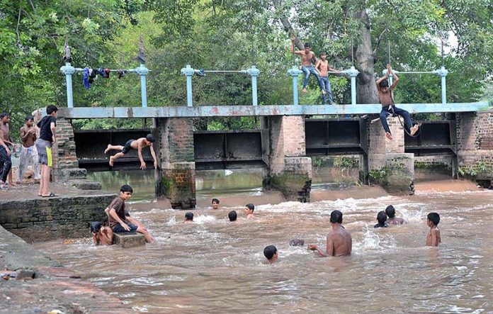 People are swimming in Pinyari Canal to get relief from hot and humid weather in the city