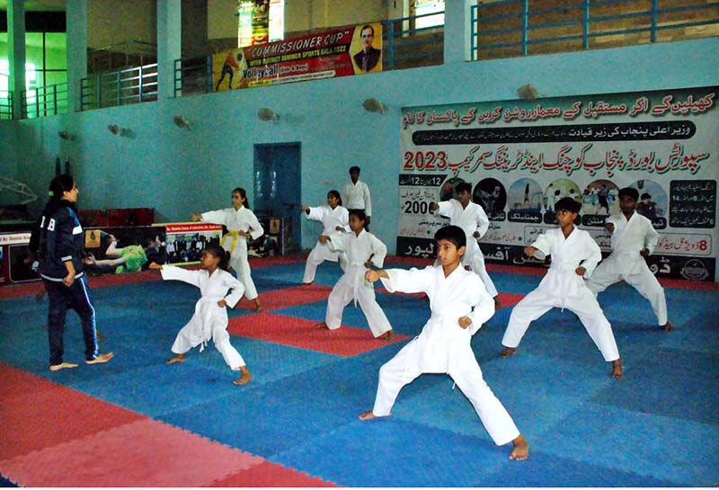 Youngsters participating taekwondo in Coaching and Training Summer Camp at Bahawalpur Stadium organized by Sports Board Punjab for U-8 to U-14