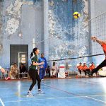 A view of volleyball match played between Sialkot and Rawalpindi Women Teams under PM Youth Talent Hunt Programme, Provincial Volleyball League matches organized by Government College Women University Faisalabad (GCWUF) at Crescent Sports Complex