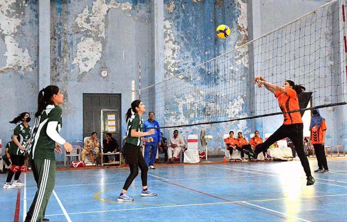 A view of volleyball match played between Sialkot and Rawalpindi Women Teams under PM Youth Talent Hunt Programme, Provincial Volleyball League matches organized by Government College Women University Faisalabad (GCWUF) at Crescent Sports Complex