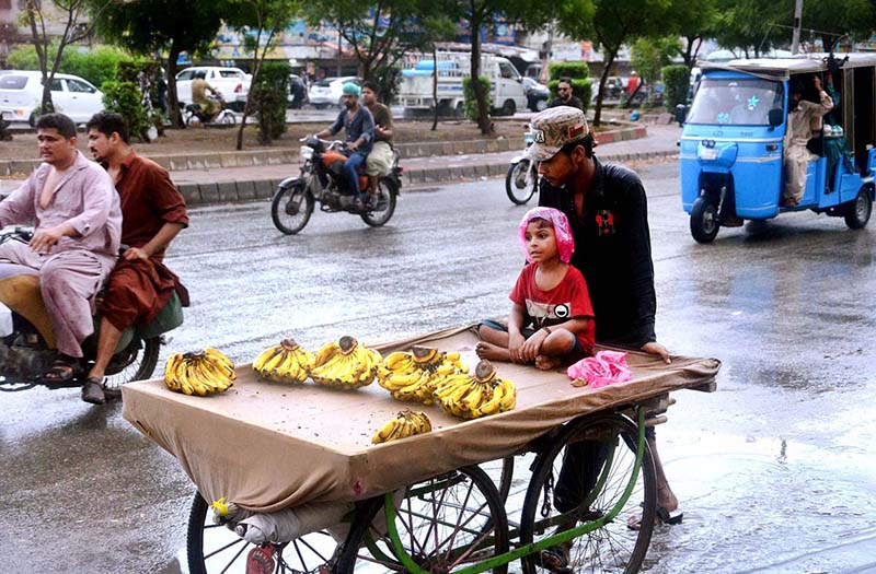People passing on the road during a view of light to moderate rain in the Metropolis