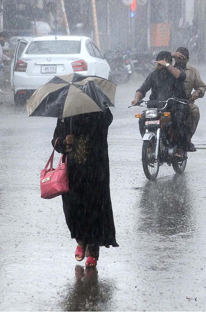 A woman on the way under cover of an umbrella to protect from rain that experience the city
