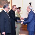 The Ambassador-designate of the Islamic Republic of Iran to Pakistan Dr. Reza Amiri Moghaddam presenting his diplomatic credentials to President Dr. Arif Alvi at Aiwan-e-Sadr