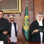 Speaker Gilgit-Baltistan Assembly Nazir Ahmad Advocate administering oath from the newly elected Deputy Speaker Gilgit-Baltistan Assembly Sadia Danish at Assembly Secretariat