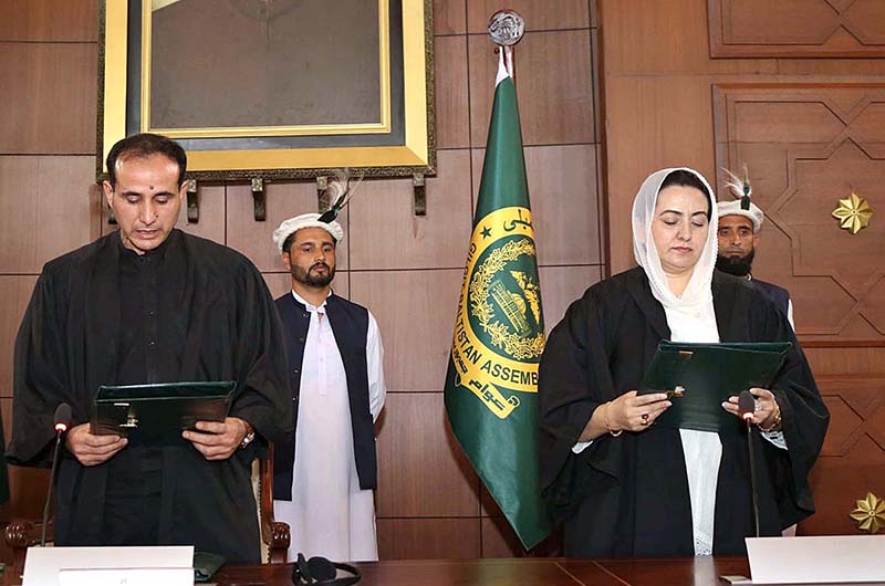 Speaker Gilgit-Baltistan Assembly Nazir Ahmad Advocate administering oath from the newly elected Deputy Speaker Gilgit-Baltistan Assembly Sadia Danish at Assembly Secretariat