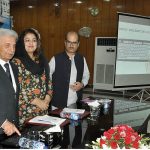Federal Minister for Education & Professional Training Rana Tanveer Hussain is pressing the key of computer to confirm during the Result Declaration ceremony SSC Part I & II 1st Annual Exam 2023 at FBISE