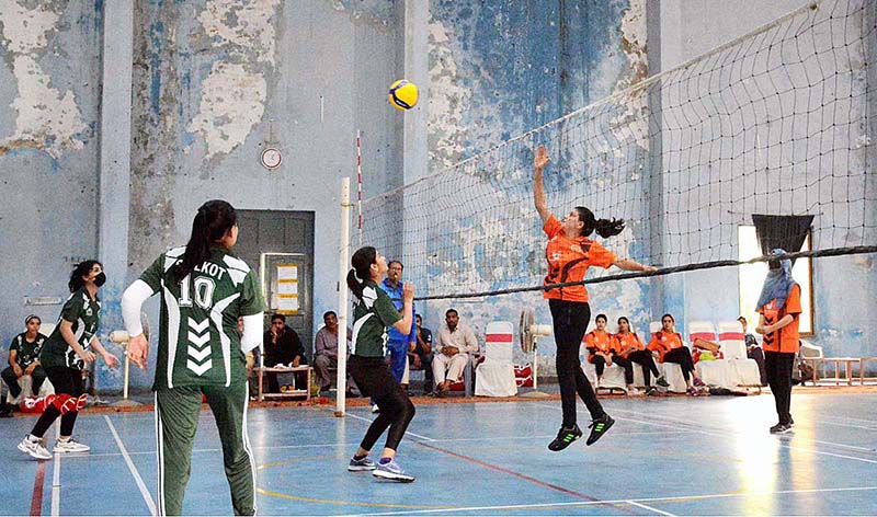 A view of volleyball match played between Sialkot and Rawalpindi Women Teams under PM Youth Talent Hunt Programme, Provincial Volleyball League matches organized by Government College Women University Faisalabad (GCWUF) at Crescent Sports Complex