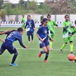 Females players of Sukkar and Larkana Football Teams are in action during Prime Ministers Talent Hunt Youth Sports League at Public School Ground