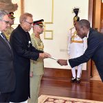 The High Commissioner-designate of the Republic of Rwanda to Pakistan James Kimonyo, presenting his diplomatic credentials to President Dr. Arif Alvi at Aiwan-e-Sadr