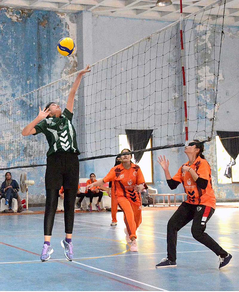 A view of volleyball match played between Sialkot and Rawalpindi Women Teams under PM Youth Talent Hunt Programme, Provincial Volleyball League matches organized by Government College Women University Faisalabad (GCWUF) at Crescent Sports Complex