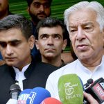 Defense Minister, Khawaja Muhammad Asif addresses the media on the occasion of Ashura Day at Adda Pasroorian
