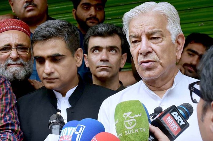 Defense Minister, Khawaja Muhammad Asif addresses the media on the occasion of Ashura Day at Adda Pasroorian