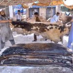 People preserving animal hides after collecting on the 3rd day of Eid Ul Azha at his workplace on Ring road