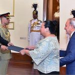 The newly-appointed envoys of the Philippines, Iran and Rwanda presenting their diplomatic credentials to President Dr. Arif Alvi at Aiwan-e-Sadr