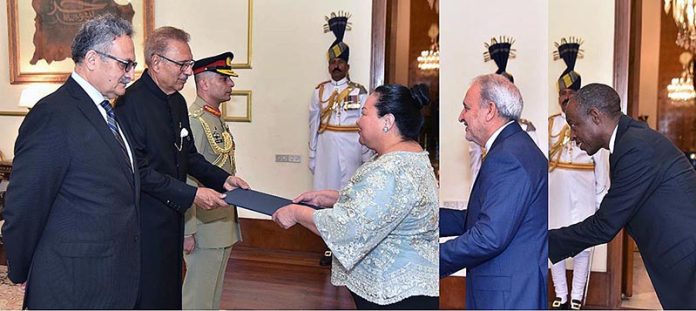 The newly-appointed envoys of the Philippines, Iran and Rwanda presenting their diplomatic credentials to President Dr. Arif Alvi at Aiwan-e-Sadr
