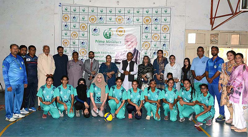 A view of volleyball match played between Sialkot and Rawalpindi Women Teams under PM Youth Talent Hunt Programme, Provincial Volleyball League matches organized by Government College Women University Faisalabad (GCWUF) at Crescent Sports Complex