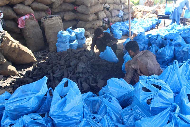 Vendors packing coal bags for displaying to attract customers at his workplace near Haji Camp