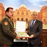 H.E. Sher Ali Mirzo, Defence Minister of Tajikistan presenting a souvenir to Defence Minister, Khawaja Muhammad Asif at Ministry of Defence
