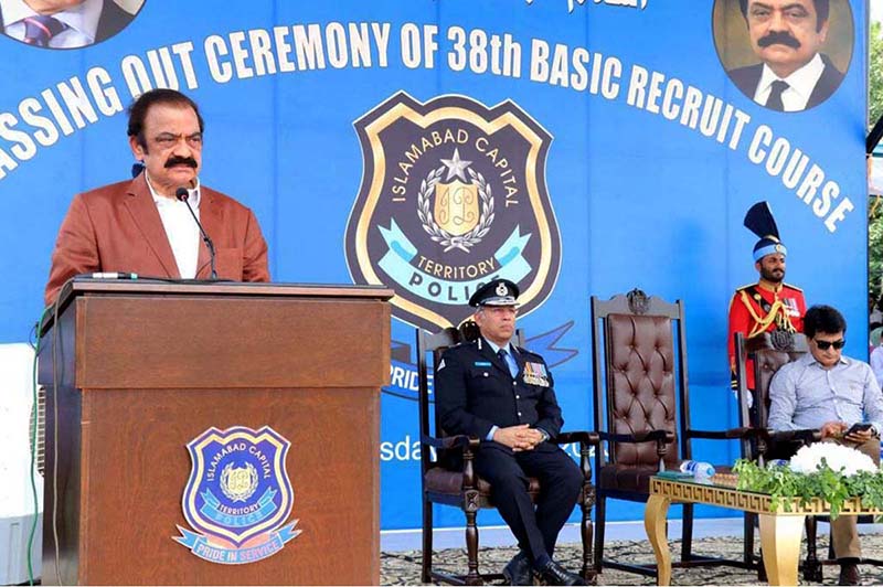 Interior Minister Rana Sana Ullah Khan addressing during the passing out ceremony of 38th Basic Recruit Course at Police Lines