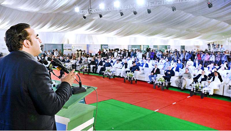 Chairman Pakistan People's Party and Foreign Minister Bilawal Bhutto Zardari addressing the groundbreaking ceremony of Dhabiji Special Economic Zone at Dhabiji