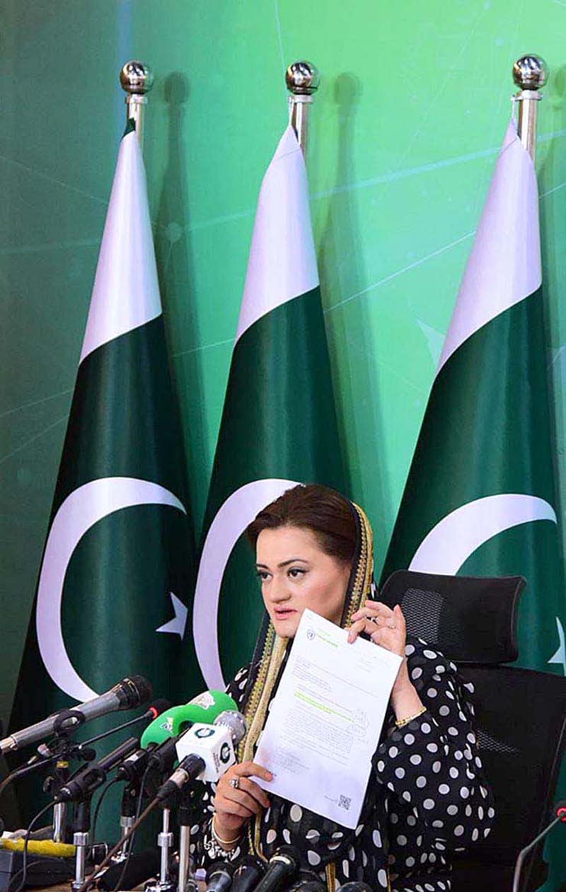 Marriyum Aurangzeb Federal Minister for information and Broadcasting addressing a press conference