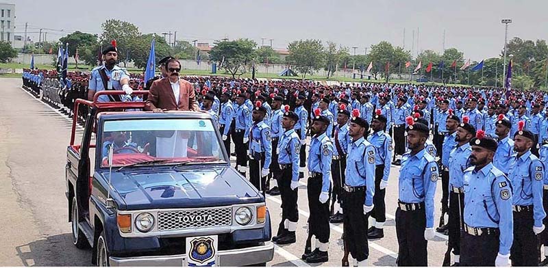 Interior Minister Rana Sana Ullah Khan reviewing the parade during the passing out ceremony of 38th Basic Recruit Course at Police Lines