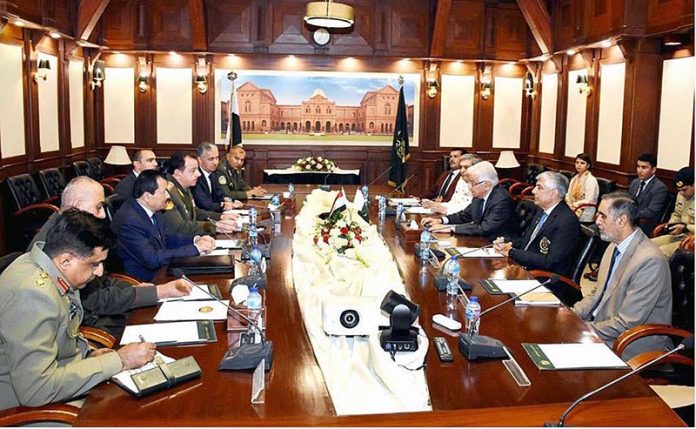 Defence Minister Khawaja Muhammad Asif and Secretary Defence, Lt. Gen (Retd) Hamood Uz Zaman Khan chairing a meeting with H.E. Sher Ali Mirzo, Defence Minister of Tajikistan along with his delegation at Ministry of Defence