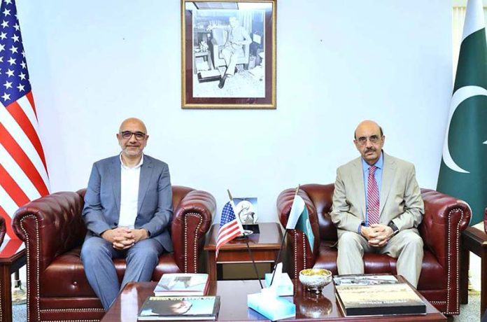 Pak Ambassador to United States Ambassador Masood Khan during meeting with Mr. Pervez Abbasi Project Director National Incubation Center at the Embassy of Pakistan Washington DC