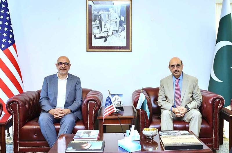 Pak Ambassador to United States Ambassador Masood Khan during meeting with Mr. Pervez Abbasi Project Director National Incubation Center at the Embassy of Pakistan Washington DC