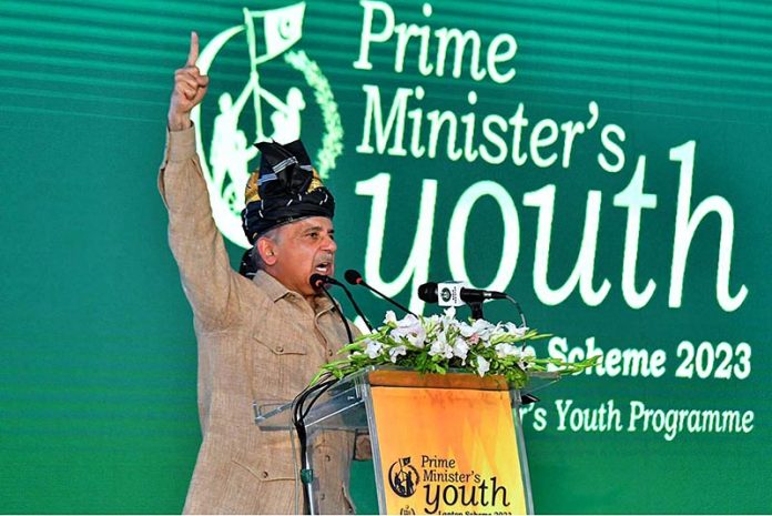 Prime Minister Muhammad Shehbaz Sharif addresses the ceremony of merit-based distribution of laptops among high-achieving students under the Prime Minister's Youth Laptop Scheme 2023