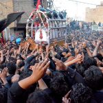 A large number of mourners attending the procession of 9th Muharramul Harram observing Youm e Ashur at Karbala Rohri. Muharram ul Harram, the first month of the Islamic calendar is known as the mourning month to pay homage in remembrance of the martyrdom (Shahadat) of Hazrat Imam Hussain (AS), the grandson of the Holy Prophet Mohammad (SAWW), along with his family members and companions at the battle of Karbala