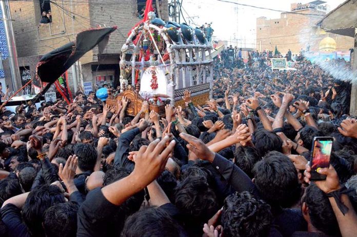 A large number of mourners attending the procession of 9th Muharramul Harram observing Youm e Ashur at Karbala Rohri. Muharram ul Harram, the first month of the Islamic calendar is known as the mourning month to pay homage in remembrance of the martyrdom (Shahadat) of Hazrat Imam Hussain (AS), the grandson of the Holy Prophet Mohammad (SAWW), along with his family members and companions at the battle of Karbala