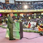 Prime Minister Muhammad Shehbaz Sharif addressing a ceremony to provide merit-based laptops to the youth of public sector universities under the Prime Minister's Youth Laptop Scheme at Jinnah Convention Centre