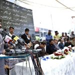 Sindh Minister for Local Government (LG) Syed Nasir Hussain Shah addressing the inauguration ceremony of renovation of Sharah-e-Faisal at Karsaz Martyrs Memorial