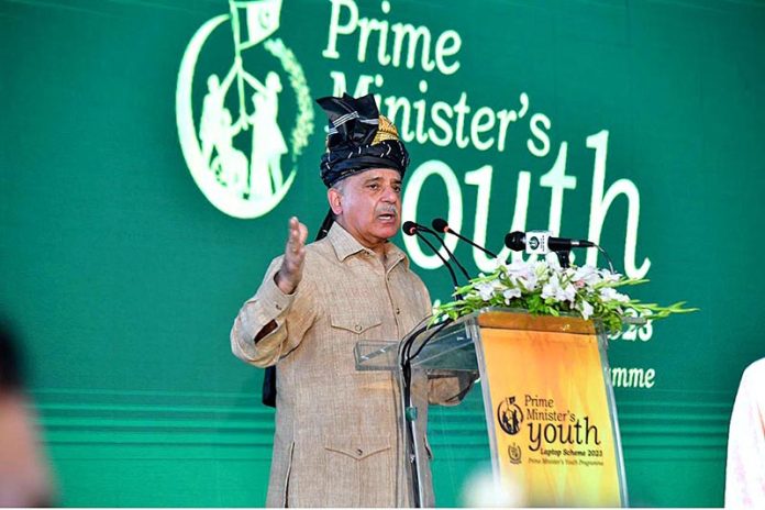 Prime Minister Muhammad Shehbaz Sharif addresses the ceremony of merit-based distribution of laptops among high-achieving students under the Prime Minister's Youth Laptop Scheme 2023