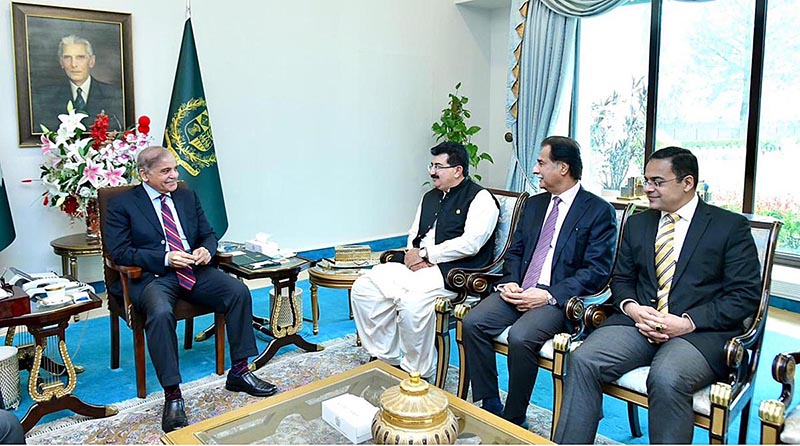 Chairman Senate Sadiq Sanjarani meeting with Prime Minister Muhammad Shehbaz Sharif. Federal Minister for Economic Affairs Sardar Ayaz Sadiq and Advisor to the Prime Minister Ahad Cheema are also present