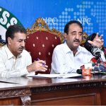 Federal Minister for Science and Technology Agha Hassan Baloch, flanked by Mr. Hashim Notezai Minister of State for Energy addressing a press conference at National Press Club