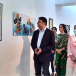 Executive Director Lahore Arts Council Mohammad Saleem Sagar viewing the artwork by children of Pakistan Institute for Deaf and Disabled during art exhibition titled “Silent Expression” at Al Hamra Art Gallery