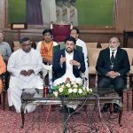 Governor Sindh Kamran Khan Tessori addressing a press conference along with different religious leader against the burning of holy Quran outside a Stockholm Mosque at Governor House