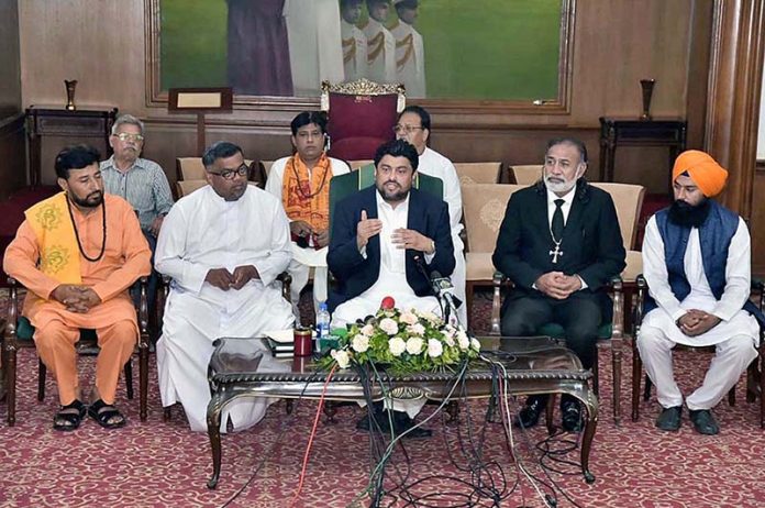 Governor Sindh Kamran Khan Tessori addressing a press conference along with different religious leader against the burning of holy Quran outside a Stockholm Mosque at Governor House
