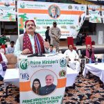 MNA and Parliamentarian Secretary Naval Affairs Engineer Sabir Qaimkhani addressing during opening ceremony of prime Ministers talent hunt youth sports football league at Public School ground.