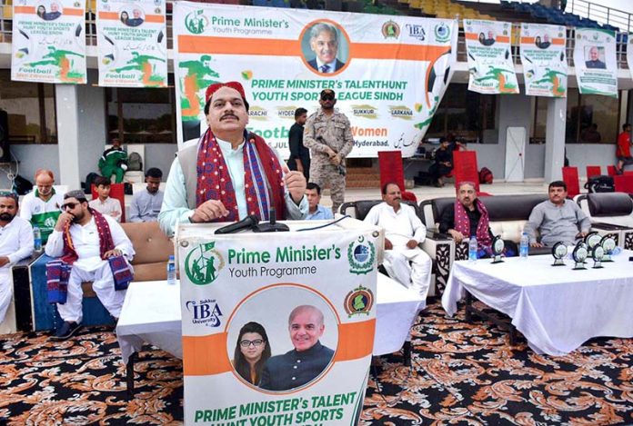 MNA and Parliamentarian Secretary Naval Affairs Engineer Sabir Qaimkhani addressing during opening ceremony of prime Ministers talent hunt youth sports football league at Public School ground. MNA and Parliamentarian Secretary Naval Affairs Engineer Sabir Qaimkhani addressing during opening ceremony of prime Ministers talent hunt youth sports football league at Public School ground.
