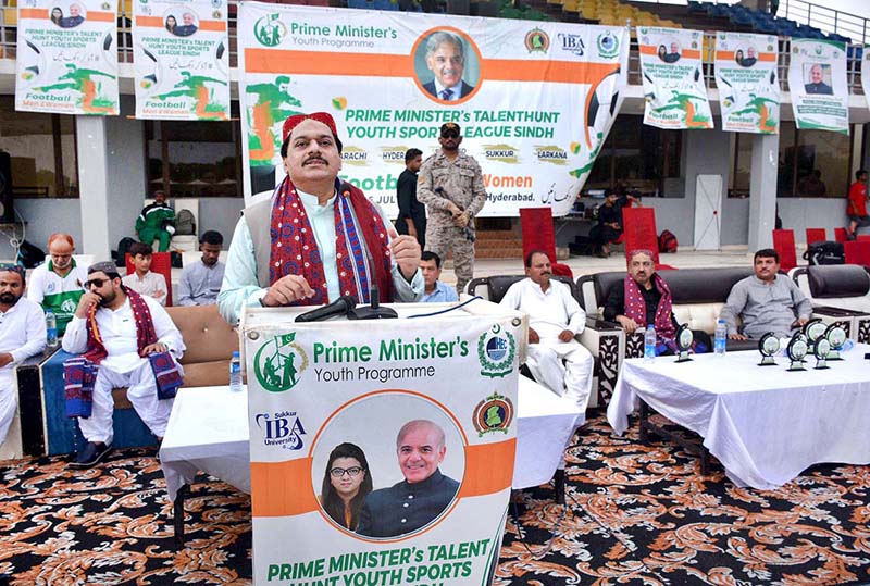 MNA and Parliamentarian Secretary Naval Affairs Engineer Sabir Qaimkhani addressing during opening ceremony of Prime Ministers talent hunt youth sports football league at Public School ground